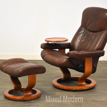 Brown Leather Stressless Recliner and Ottoman by Ekornes 