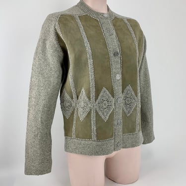 1960's Cardigan Sweater - Natural Suede & Wool - Crochet Details - Snowflake Metal Buttons - Women's Size 40 - Medium 