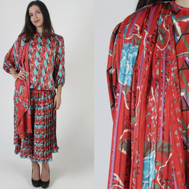 Diane Freis Signature Dress / Red Geometric All Over Print Fres Frock / Vintage Designer Roman Floral Gown / Long Toga Scarf Maxi 