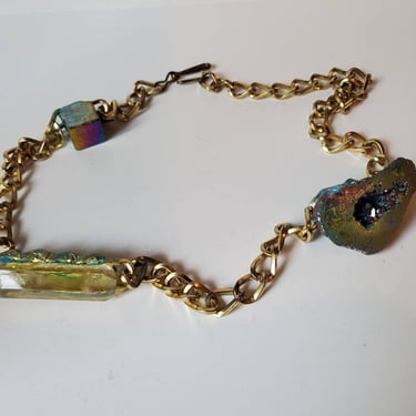 Gold tone chain belt or necklace with titanium rainbow quartz, citrine crystal and rainbow aura geode by Amanda Alarcon-Hunter 