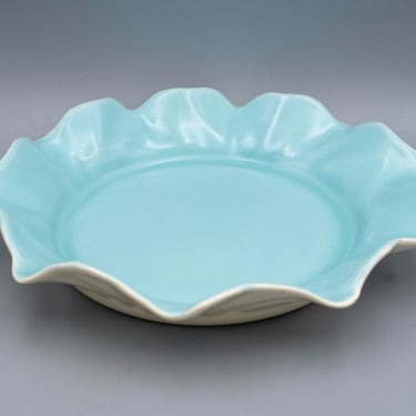 Metlox Matte Turquoise and White Ruffled Rim Low Flower Bowl (#736) | Vintage California Pottery 