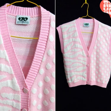 Fun Vintage 80s Pastel Pink White Animal Print, Polka Dot, Stripe Sweater Vest 