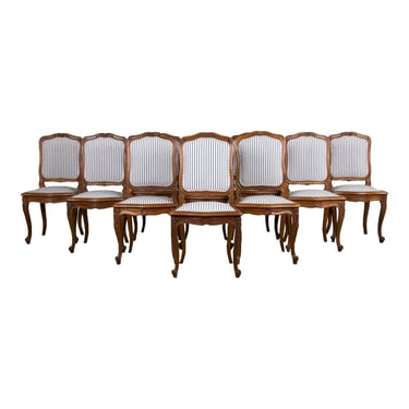 French Louis XV Style Maple Dining Chairs W/ Striped Linen - Set of 10 