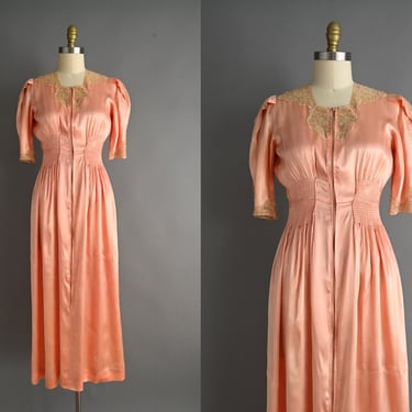 vintage 1930s dress | Liquid Satin Peach Pink Romantic Lingerie Dressing Gown | Small Medium 