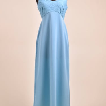 Sky Blue 70s Lace Overlay Maxi Dress, S