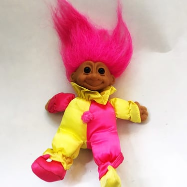 Vintage Jester Troll Doll Pink Clown Troll Joker Plush Body Troll Pink Hair Pink and Yellow Clown Suit 1990s Toys 