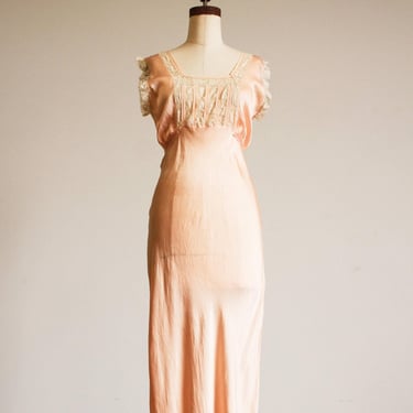 1930s Peach Silk Charmeuse Lace Paneled Bias Slip Dress 