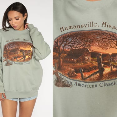 Humansville Missouri Sweatshirt 90s Crewneck Muted Moss Green Graphic Shirt MO 1990s Country Farm Pullover 1990s Vintage Extra Large xl 