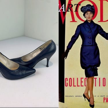 Signature de Art - Vintage 1950s 1960s Classic Navy Blue Leather Pumps Shoes Heels - 7B 