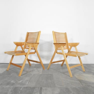 Pair of Vintage Rex 120 Niko Kralj Folding Armchairs Garden Patio Wooden Foldable Lounge Chairs Modernist Terrace Patio Garden Set Two 2 