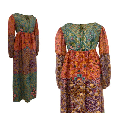 Vtg Vintage 1960s 60s Designer Alexa Boho Cottagecore Batik Print Maxi Dress 