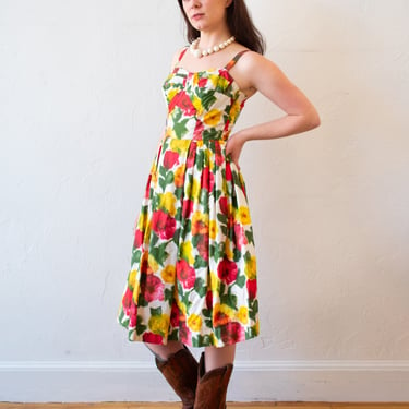 Vintage 1960s Handmade Floral Fit + Flare Dress XS/S
