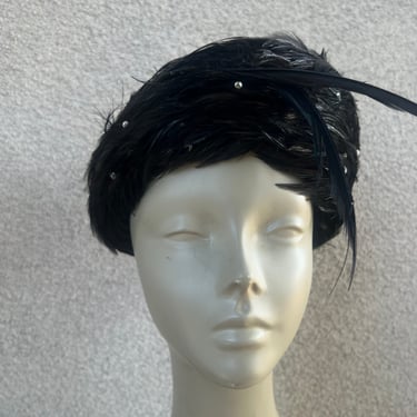 Vintage black feather hat helmet style rhinestones Sz 22.5” 7 1/4 by Jack McConnell Boutique 