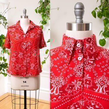 Vintage 1960s Shirt | 60s Red Bandana Print Cotton Button Down Short Sleeve Top | large 
