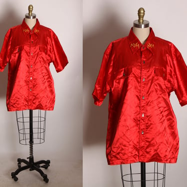 1990s Y2K Red Satin Short Sleeve Button Up Novelty Flame Shirt by Dragonfly Clothing Company -L 