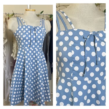 Vintage 1960s Blue Polka Dot Sundress - Retro A-line Dress with Double Straps and Bow Detail 