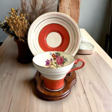 Vintage Aynsley Bone China Coral Orange and Gold Floral Corset Tea Cup & Saucer 