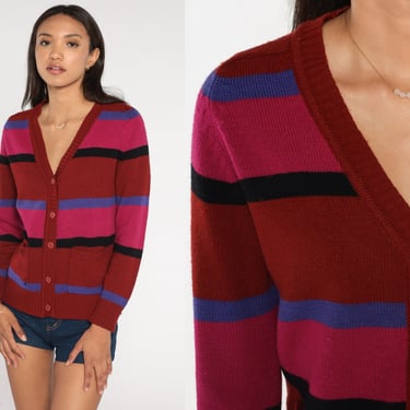 70s Striped Cardigan Rust Red Hot Pink Button Up Sweater V Neck Knit Tight Fitted Sweater Seventies Knitwear Acrylic Vintage 1970s Small S 