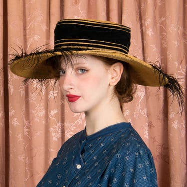 1910s Hat - Large Wide Brimmed Antique Edwardian Straw Hat with Ostrich Feathers and Velveteen Band 