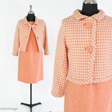 1960s Orange Wool Dress &  Plaid Jacket | 60s Orange Sherbet Dress Jacket Set | Medium 