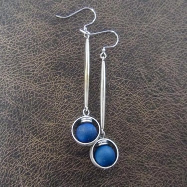 Silver pendulum earrings, blue druzy agate 