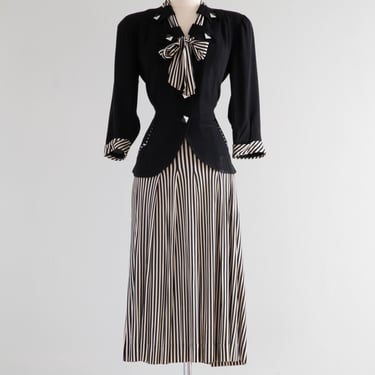 Wicked 1940's Black &amp; White Striped Ladies Two Piece Suit / Medium