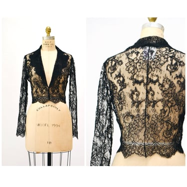 90s Vintage Black Sheer Lace Jacket Top Vikki Tiel Couture Paris Vintage Sheer Black Lace Top Small Medium Long Sleeve Lace Jacket Formal 