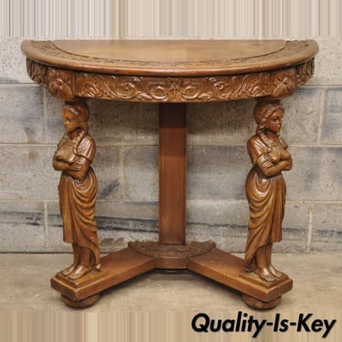 Italian Renaissance Carved Walnut Figural Half Round Demilune Console Table