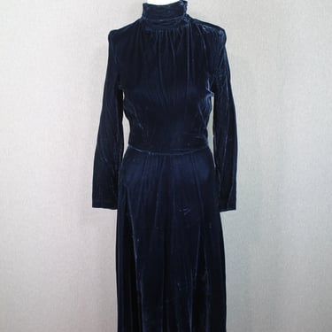 1960s-70s Blue Velvet Cocktail Dress || Mock Neck || Holiday Party || Size Small 2/4 