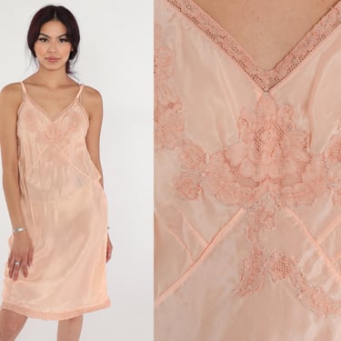 40s Slip Dress Silk Lingerie Nightgown Peach Pink Floral Lace Midi Dress Nightie Chemise Pinup Empire Waist Forties Vintage 1940s Medium M 