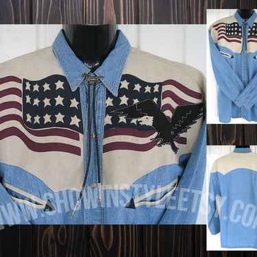 Rivergold Vintage Retro Western Men's Cowboy & Rodeo Shirt, Blue Denim with Eagle and Flag Emblems, Tag Size Large (see meas. photo) 