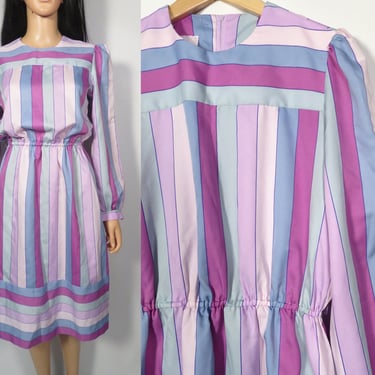 Vintage 80s Purple Pastel Striped Dress Made In USA Size M 10 