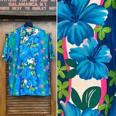 Vintage 1960’s Pop Art Atomic Mod Floral Border Print Cotton Tiki Hawaiian Shirt, 60’s Loop Collar Shirt, Vintage Clothing 