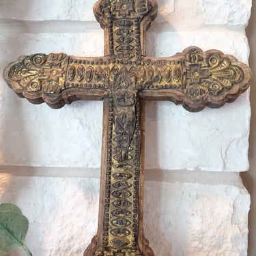 Antique 1800's French Wooden Cross with Hand Hammered Repoussé Brass Crucifix,  Religious Jesus Christ Folk Art 