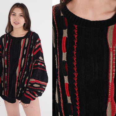 90s Grunge Sweater Chunky Knit Pullover Sweater Black Red Tan Abstract Striped Print Crewneck Jumper Acrylic Boho Vintage 1990s Mens Large L 