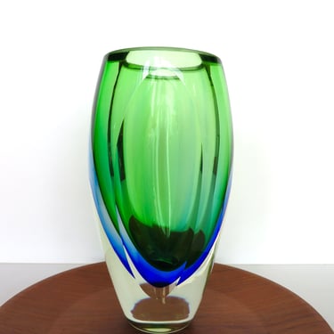 Mid Century Flavio Poli Murano Glass Vase, 8 1/2" Sommerso Seguso Green And Blue Faceted Glass Vase 