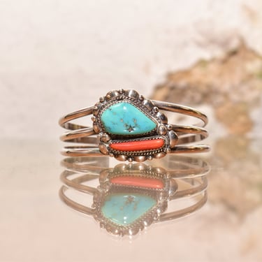 Native American Turquoise Coral Cuff Bracelet, Adjustable Sterling Silver Cuff, Old Pawn Jewelry, 5 1/2