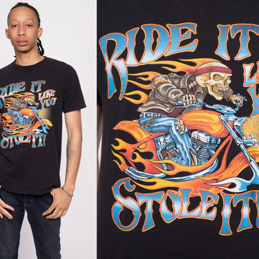 Y2K Skeleton Biker "Ride It Like You Stole It" T Shirt - Men's Medium | Vintage Black Motorcycle Graphic Tee 