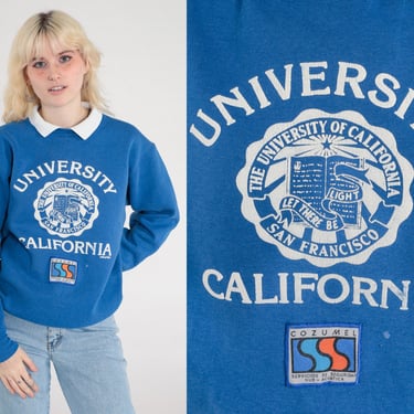 UCSF Sweatshirt 90s University of California San Francisco College Sweater Retro Pullover Blue Collared 1990s Vintage Cozumel Medium Large 