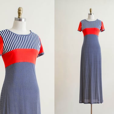 70s polka dot maxi dress | red white and blue patchwork full length empire waist boho hippie dress 