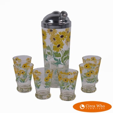 Vintage Sunflower Pitcher and 6 Glasses