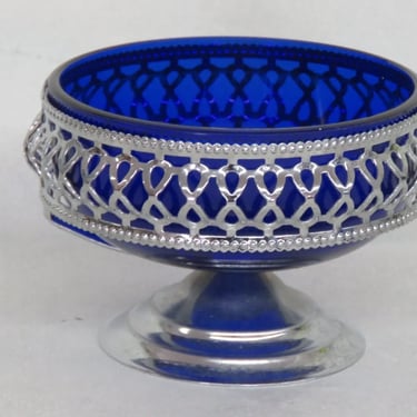 Cobalt Blue Chrome Plated Bowl Glass Insert Footed Serving Sugar Dish 3213B