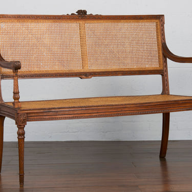 19th Century French Louis XVI Style Provincial Walnut Caned Loveseat Settee 