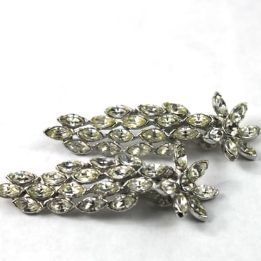 Henry Bogoff Rhinestone Flower Dangle Clip On Earrings Rhodium Plate 