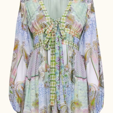 Alexis - Sage Multicolor Paisley Print Tie Front Mini Dress Sz S
