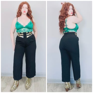 1980s Vintage High Waisted Corset Trousers / 80s Studded Animal Print Black Cropped Pants/ Size Medium - Large 