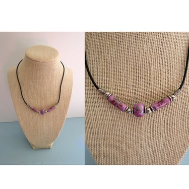 Vintage 90s Choker Necklace - Purple Floral Ceramic Beads