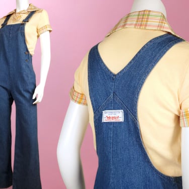 1970s LEVI'S denim overalls. Minimalist, side buttons, pockets, signature back, cotton. (S) 