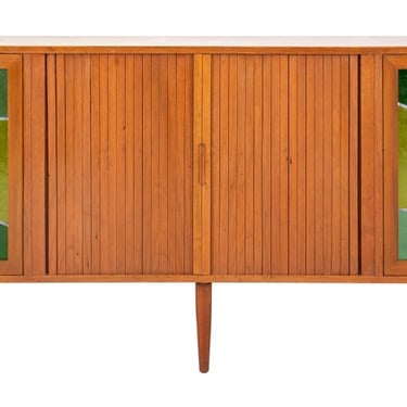 Mid Century Modern Stained Glass Tambour Credenza