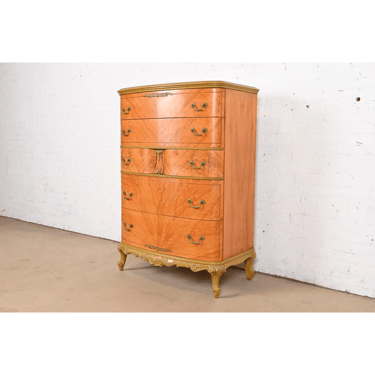 Romweber Style French Provincial Louis XV Burl Wood and Parcel Painted Highboy Dresser, Circa 1920s